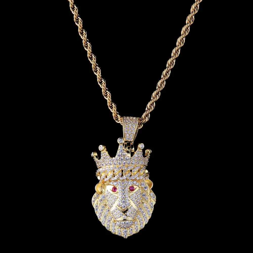 Wholesale Hip Hop Jewelry 18k Gold Plated Micro Pave Zircon Crown Lion Head Pendant Necklace