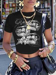 Camiseta Corta <span class=keywords><strong>de</strong></span> Mujer Estilo Hip Hop Americano con Estampado <span class=keywords><strong>de</strong></span> Labios y Letras, <span class=keywords><strong>de</strong></span> Poliéster y Spandex, Ajustada y que Expone el Ombligo - Product Image 2