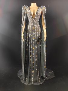 시스루 V넥 백리스 볼 가운 진주 라인스톤 그리스 여신 웨딩 게스트 드레스 여성 머메이드 생일 이브닝 드레스 - Product Image 4