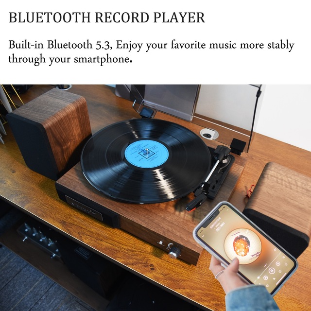 CP03 Retro Wood Vinyl Record Player with External Stereo Speakers, 3-Speed Bluetooth Turntable for LP Records Home Audio System