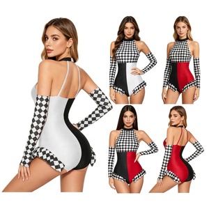 Body de mujer con estampado de tablero de ajedrez, disfraz de arlequín, cuello halter, ribete con volantes, bicolor, para artista de circo, espectáculo escénico, personalizado - Product Image 1