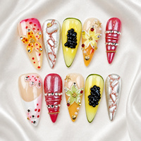 Ongles à presser jaunes et roses, 10 pièces, faits à la main, tailles variées, motifs mignons fleurs, coquillages, étoiles de mer, personnalisables