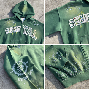 Vintage Patch Embroidery Acid Wash Hoodie Distressed Rhinestone Zip up Hoodies Custom Printed Oversized Zip Hoodie Manufacturer - Product Image 4