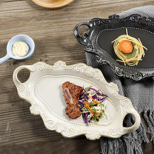 Assiette à dîner rétro en céramique gaufrée Steak Pain Fruits <span class=keywords><strong>Dessert</strong></span> Salade de fruits Plateau de service avec poignée Fête Restaurant Vaisselle - Product Image 1