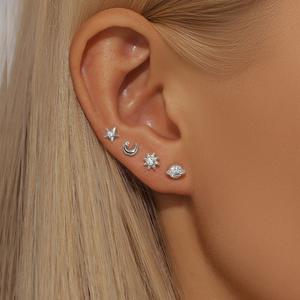 Nouvelles boucles d'oreilles clous en argent S925 plaqué or, motif étoile et lune, zircon, pour usage quotidien, lot de 4, très vendues - Product Image 5