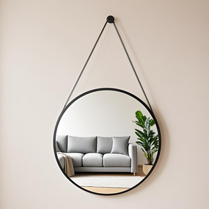 Custom Logo Decorative Glass Modern Art <strong>Framed</strong> Hanging Decoration Circle Home Decor Leather Round Wall <strong>Mirrors</strong> For Living Room