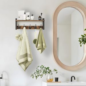 Étagère murale de 42,5 cm avec crochet, porte-manteau en bois avec étagère, support mural pour suspendre les vêtements, étagère suspendue pour l'entrée - Product Image 5