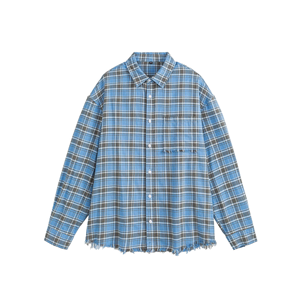 Men's Blue Plaid <b>Flannel</b> Shirt Long Sleeve Casual Turn-Down Collar <b>Washed</b> Cotton Breathable Autumn Style Custom - Product Image 1