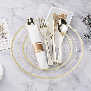 Ensemble <span class=keywords><strong>de</strong></span> vaisselle jetable écologique en <span class=keywords><strong>plastique</strong></span> doré pour 50 invités <span class=keywords><strong>100</strong></span> <span class=keywords><strong>assiettes</strong></span> 50 tasses 50 serviettes roulées argenterie - Product Image 6