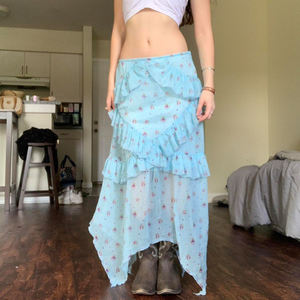 Y2K Vintage Blue Floral <b>Chiffon</b> <b>Skirt</b> Women Layered Ruffle Irregular Hem Lightweight Flowing <b>Midi</b> <b>Skirt</b> - Product Image 3