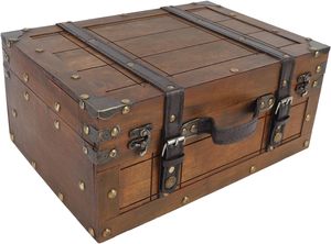 <span class=keywords><strong>Coffre</strong></span> de rangement carré en bois vieilli Sonew, avec poignée en cuir texturé, usage polyvalent, portable, style antique - Product Image 4