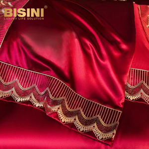 Parure de lit de luxe en coton brodé bordeaux avec housse de couette, tissu doré champagne haut de gamme, pour chambre à coucher, style villa en soie - Product Image 4