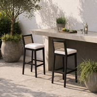 Tabouret de bar extérieur moderne en teck avec dossier en rotin tressé, tabouret de bar haut pour hôtel, cour et club