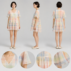 Vestido Mini Omens con Cuello en V, Manga Corta, Diseño a Cuadros Pastel, Corte en A y Ajuste Holgado para Colecciones de Moda Boutique - Product Image 3