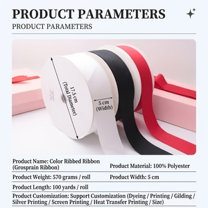 Pita Grosgrain 5cm Warna Solid Tersedia, untuk Kemasan Kotak Kado Kue Bunga, Perlengkapan DIY - Product Image 3