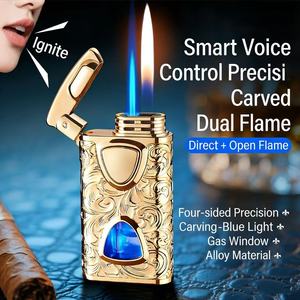 Briquet torche à double <span class=keywords><strong>flamme</strong></span> gaufré à commande vocale, corps métallique à <span class=keywords><strong>flamme</strong></span> douce avec fenêtre de niveau de gaz visible, cadeau d'affaires idéal pour hommes - Product Image 1