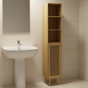 Mobile Bagno Alto in Rovere con Ripiani Regolabili e Anta in Rattan, Mobile Contenitore Autoportante Modello D0100X3HXI2 - Product Image 2