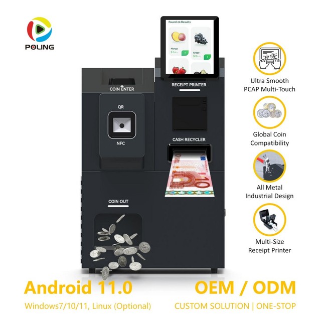 Unattended Payment System With Cash Dispenser Coin Acceptor QR NFC Credit Card Reader 24/7 Self Service Kiosk POS Terminal