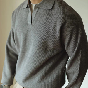 Vente en gros de chemise à col polo en tricot de cheveux personnalisés pour hommes, haut de pull respirant de base décontracté à manches longues pour hommes - Product Image 1
