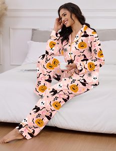 Pigiama Floreale in Raso Personalizzato per <span class=keywords><strong>Donna</strong></span>, in Poliestere e Spandex, Maniche Lunghe con Bottoni, Set da Notte in 2 Pezzi per Halloween - Product Image 3