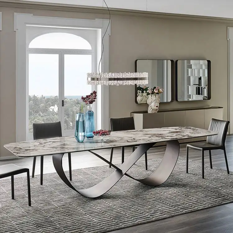 İtalya tasarım paslanmaz çelik 8 şekil yemek odası mobilyası sinterlenmiş taş büyük üst 10 koltuklu yemek masası