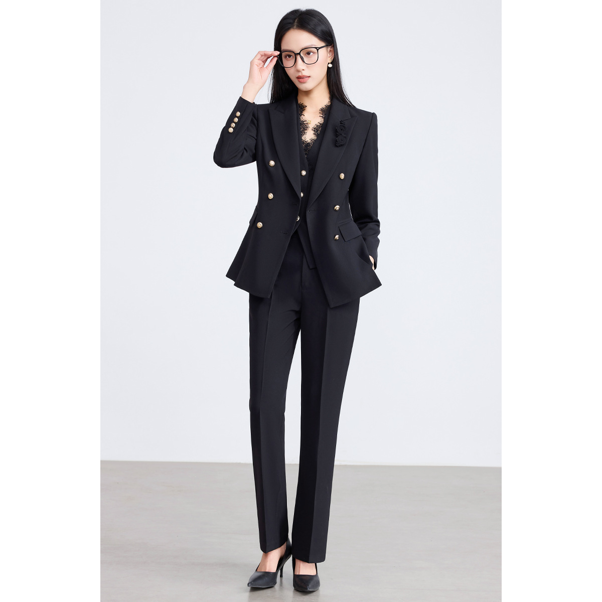 Black suit with slightly flared trousers