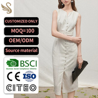 Robe en lin beige sur mesure pour femme, boutonnée sur le devant, ceinturée, mi-longue, sans manches, pour le bureau, fabrication OEM ODM BSCI, vente en gros