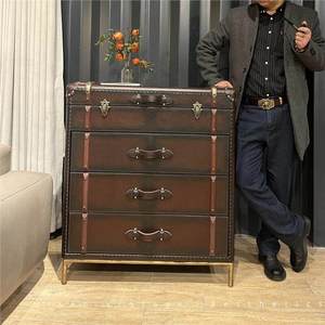 Cassettiera Vintage Retrò <span class=keywords><strong>in</strong></span> Stile Americano e Britannico con Cinque Cassetti Mobili, Finitura <span class=keywords><strong>in</strong></span> Pelle Cerata per Soggiorno - Product Image 2