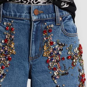 Venta al por mayor de jeans de mezclilla de cintura alta rectos con pedrería, personalizados para mujer, de pierna ancha, a la moda - Product Image 3