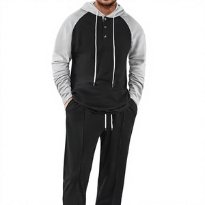 Men's Customizable Black Gray Solid Hooded Sweatshirt Two-Piece Set French Terry Knitted Casual Winter Wear Breathable - Product Image 1