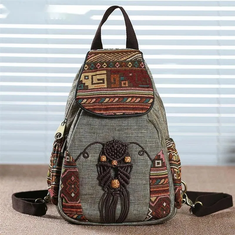 Mochila hecha a mano, mochilas de lona Vintage para mujer, bolso con estampado geométrico de estilo coreano nacional, mochila de viaje para mujer