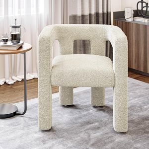 Poltrona da pranzo moderna in stile bouclé color crema poltrona imbottita in lino con schienale per <span class=keywords><strong>cucina</strong></span> da pranzo e soggiorno - Product Image 1