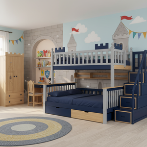 <span class=keywords><strong>Lit</strong></span> superposé design château double sur double avec escalier de rangement et <span class=keywords><strong>lit</strong></span> <span class=keywords><strong>gigogne</strong></span>, <span class=keywords><strong>lit</strong></span> superposé en bois massif pour enfants avec tiroirs et étagères pour garçons - Product Image 2