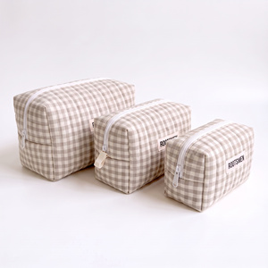 Gingham Check Quilted <b>Box</b> Pouch Small Polyester Zipper Portable Yellow Warm Grey Red White <b>Makeup</b> Bag Custom Logo OEM BSCI - Product Image 1