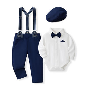 Ensemble de tenue formelle pour bébé garçon, body en pur coton <span class=keywords><strong>blanc</strong></span>, bretelles bleu marine, nœud papillon et béret pour baptême, tenue de fête, nouveau-né à 24 mois - Product Image 1