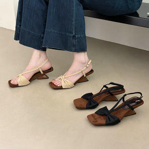 Sandalias de verano 2026 con cuña y lazo, suela suave, punta cuadrada, una tira, peep toe, tacones de hada - Product Image 3
