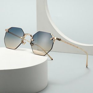 Custom Logo 2026 Vintage Gold Metal Octagon <b>Sun</b> Glasses UV400 Gradient <b>Shades</b> Rimless Polygon <b>Sun</b> Glasses for Men Women - Product Image 1