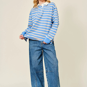 Custom Preppy Loose Casual <strong>Shirt</strong> Long Sleeve Soft Cotton <strong>Polo</strong> <strong>Shirt</strong> <strong>Women</strong> Striped Oversized Drop Shoulder <strong>Polo</strong> Sweatshirt - Product Image 4