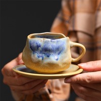 MSH Tasse à café vintage irrégulière avec transmutation en grès rétro avec logo personnalisé avec soucoupe