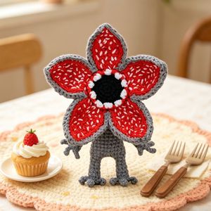 Adorno de estambre rojo tejido con hilo de punto y colgante de muñeca de flor carnívora gris tejida a mano a ganchillo - Product Image 2