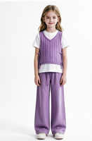 Ensemble 3 pièces en tricot personnalisé de haute qualité avec logo pour petites filles : T-shirt blanc + gilet + pantalon large à cordon élastique – Tenue quotidienne