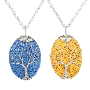 Simple Fashion 5 Colors Clavicle Chain Charm Women Jewelry Rock Volcanic Lava Stone Teardrop Tree of Life Pendant Necklace