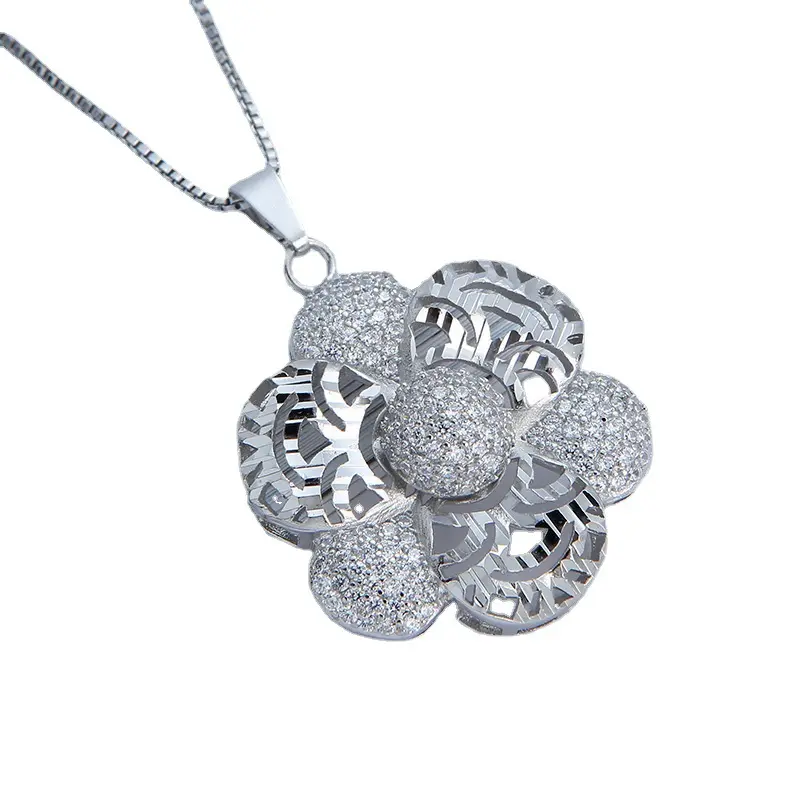 Fashion Silver Jewellery 18K White Gold Chain Flower Pendant Diamond Necklace For Women Gift