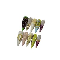 Ongles à presser longs et pointus faits à la main, motif croix chromée argentée, relief chaîne de perles 3D, ongles bijoux gothiques de luxe en gros