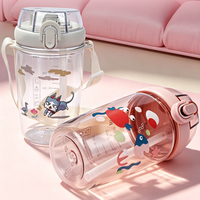 Botella de Agua de Plástico de Grado Alimenticio de Doble Uso para Niños, Vaso con Pajita, Portátil, Resistente al Calor, Diseño de Dibujos Animados, Correa de Transporte para 550 ml