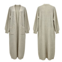 Cardigan long pour femme en tricot popcorn tendance style 'Coastal Grandma', texture bulle, coupe oversize, avec poches