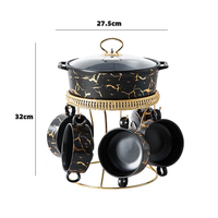 Service de table 6 personnes en porcelaine noire, blanche et marbre doré, comprenant marmites à soupe, petits bols, ustensiles de cuisson pour ragoûts et soupières avec couvercle