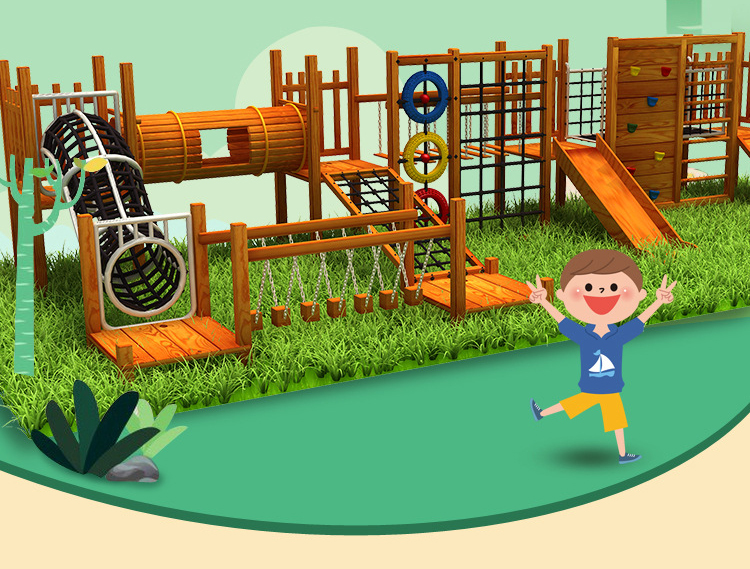 Small Size Kids Wooden Outdoor Playground Multifunction Outdoor Amusement Park Wooden Equipment For Children