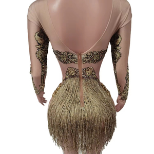 Monos de Manga Larga con Flecos Dorados Sexys para Carnaval, Fiesta, Pole Dance, Body de Una Pieza con Pedrería para Mujer - Product Image 6