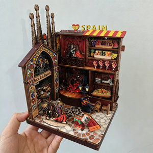 Kit de Bricolaje de Madera para Rincón de Lectura con Escena Urbana de España, Incluye <span class=keywords><strong>Flamenco</strong></span> y el Mercado La Boquería, Miniatura para Estante, Sujetalibros, Kit de Manualidades - Product Image 3